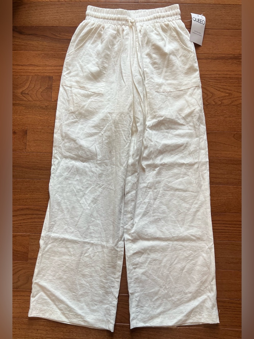 QUEEO White Wide-Leg Linen Blend Pants